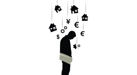 financial burden and stress portrayed by a person beneath falling symbols silhouette