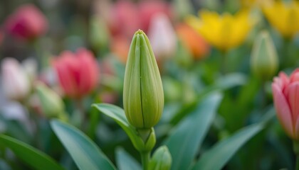 Green Flower Bud Surrounded by Colorful Blossoms in a Vibrant Garden Setting During Spring