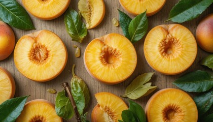 Freshly Sliced Juicy Peaches Surrounded By Green Leaves Arranged Beautifully On A Wooden Table