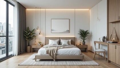 Obraz premium Modern Minimalist Bedroom Interior Design with Natural Elements and Cozy Ambiance