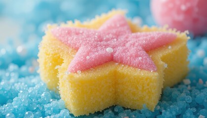 Decorative Star-Shaped Candy with Pink and Yellow Colors Surrounded by Blue Sugar Crystals