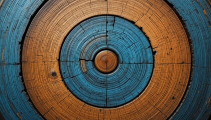 Close-Up View of Concentric Circular Design in Brown and Blue Wooden Texture