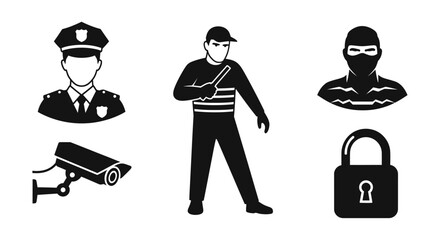 Police officer thief and security elements depicted in striking black and white silhouette