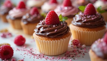 Delicious Cupcakes Topped With Chocolate Frosting Raspberries And Sprinkles On A Table