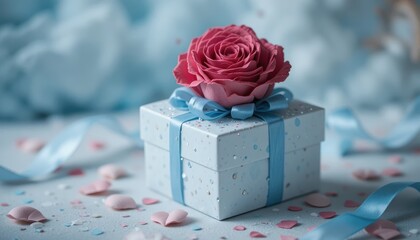 Decorative Gift Box with Pink Rose and Blue Ribbon Surrounded by Heart Petals on Soft Background