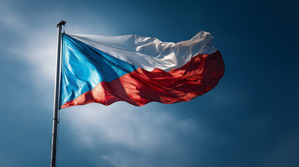 Czech Republic National Flag Waving in the Wind Against Clear Blue Sky, Symbol of European Identity, Patriotism, Democracy and National Pride