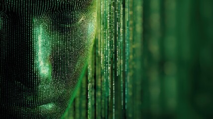 Futuristic human face created from digital code. Concept of artificial intelligence, cyborg technology, and virtual reality in a matrix-like environment.