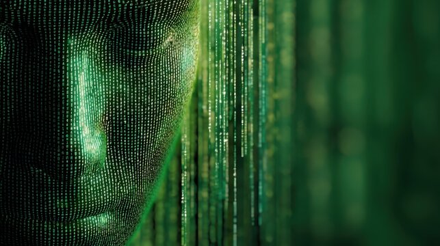 Futuristic human face created from digital code. Concept of artificial intelligence, cyborg technology, and virtual reality in a matrix-like environment. - Powered by Adobe