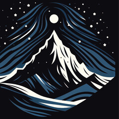 Majestic mountain peak under starry night sky with full moon.