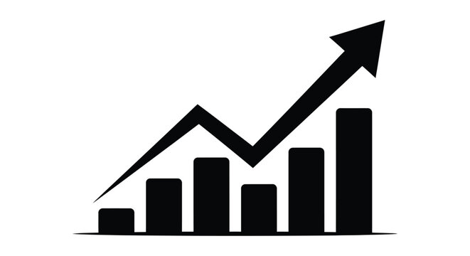 A simple graphic depicting growth with a rising arrow and bar chart silhouette