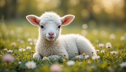 Adorable Young Lamb Resting in a Flower-Filled Meadow During Golden Hour in Spring