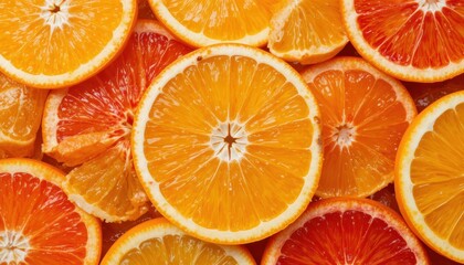 Close Up of Fresh Orange Slices and Segments Displayed on a Vibrant Background