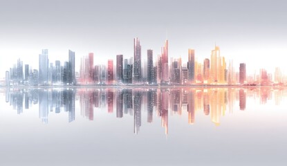 Obraz premium Abstract depiction of a modern cityscape with reflections in calm waters, soft pastel hues