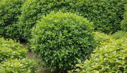 Lush Green Round Shrubs Surrounded by Vibrant Foliage in a Beautiful Garden Landscape