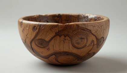 Handcrafted Wooden Bowl with Intricate Natural Patterns and Rustic Finish on Neutral Background