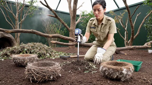Zookeeper setting up animal habitat kneeling near nests and leaf pile