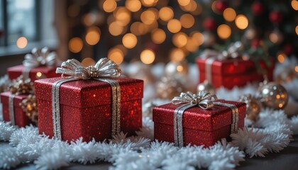 Sparkling Red Christmas Presents Decorated With Bows On A Festive Table With Bokeh Lights