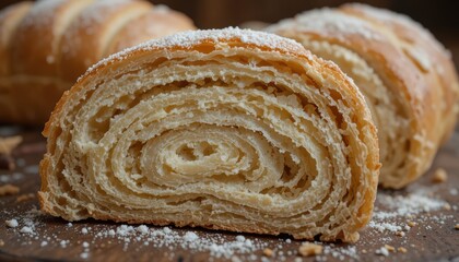 Deliciously Layered Sweet Pastry Bread Slice with Fine Powdered Sugar on Rustic Wooden Surface