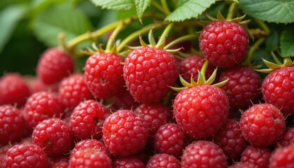 Cluster of Fresh Ripe Red Raspberries Surrounded by Green Leaves in a Natural Setting