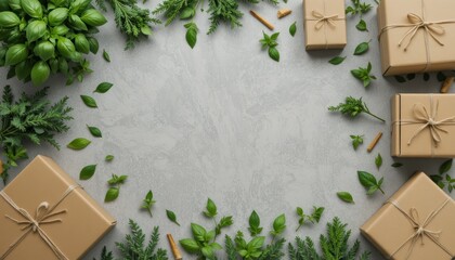 Natural Gift Packaging Surrounded by Green Leaves and Spices on a Textured Background