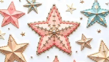 Decorative 3D Stars with Metallic Studs &ndash; Festive Ornament Design on Soft Background