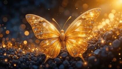Stunning Golden Butterfly Sparkling with Light in a Magical and Vibrant Nature Setting
