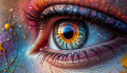 Obraz premium Close-Up of a Colorful Eye Capturing Artistic Makeup and Vibrant Patterns with Intense Colors