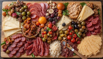 Artisan Charcuterie Platter Featuring Assorted Meats Cheeses Fruits and Olives on Wooden Board