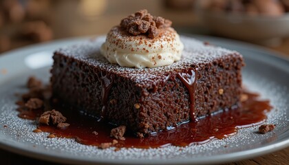 Rich Chocolate Brownie Topped with Cream and Crushed Cookies Drizzled with Syrup on a Plate