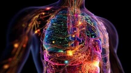 Detailed human body showing internal organ with glowing nerve and circulatory system. Anatomy and physiology concept. Medical illustration for scientific research.