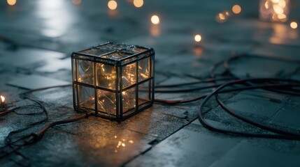 Fototapeta premium Lighted glass box with intricate wiring on a dark surface, symbolizing connection, technology, and futuristic design.
