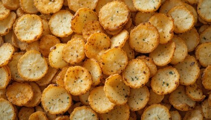 Close-Up View of Crispy Golden Potato Slices as Delicious Snack Food on a Light Background