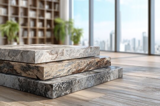Three stacked stone tiles displayed near a window overlooking a cityscape