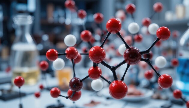 Molecular Structure Representation with Red and White Atoms in a Modern Laboratory Environment