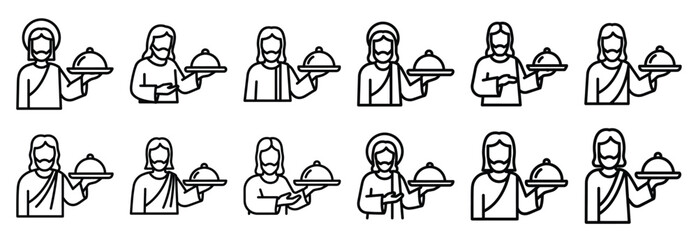 Naklejka premium jesus serving Outline Icon Set. Maundy Thursday line art icons