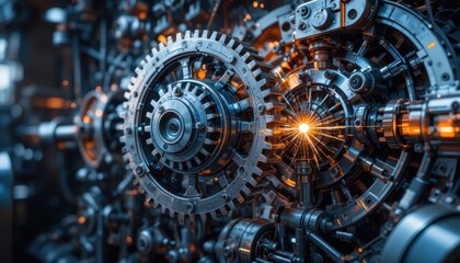 Intricate Mechanical Gears and Sparking Connections in an Industrial Engineering Machine