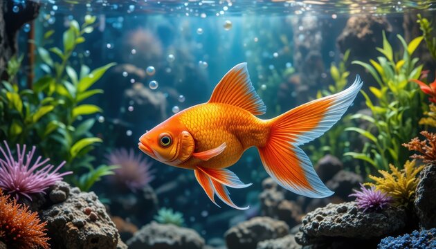 Goldfish Swimming Gracefully in a Colorful Aquarium Surrounded by Vibrant Underwater Plants