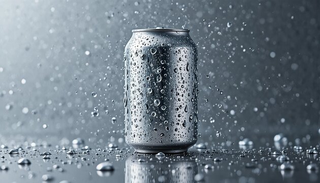 Chilled Silver Soda Can Surrounded by Water Droplets on a Reflective Surface in Studio Lighting
