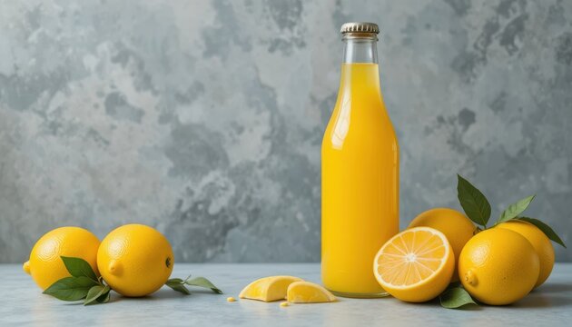 Freshly Squeezed Lemon Juice in Glass Bottle Surrounded by Whole and Sliced Lemons on Table