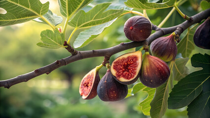 A fig tree branch with split ripe figs revealing deep red interiors

