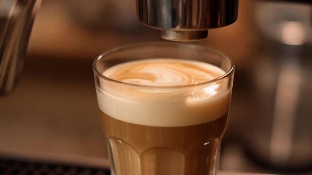 Ultra-realistic cinematic video of espresso being poured into a clear glass cup, rich dark liquid flow, thick golden crema forming, warm caf&eacute; lighting, commercial stock footage, 4K.