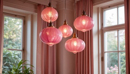Elegant Pink Glass Pendant Lights Hanging in Modern Interior with Soft Curtains and Natural Light