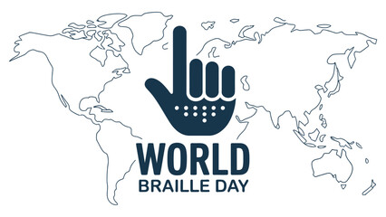 World braille day illustration with hand braille symbol and global world map promoting accessibility inclusion and awareness