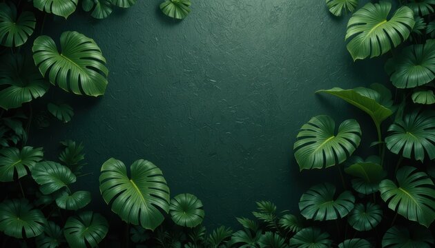 Lush Green Tropical Foliage with Rain Drops on the Surface Creating a Serene Background
