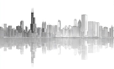 Obraz premium Black and white architectural illustration of a city skyline with buildings reflected in water