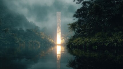 Mysterious glowing monolith in a misty jungle lake. Surreal sci-fi landscape with ancient alien artifact for fantasy book cover or game background.