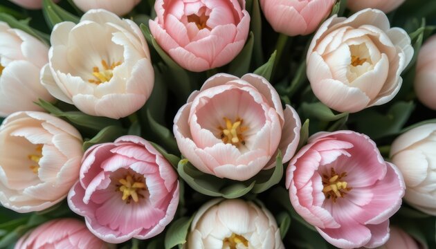 Delicate Pink and White Tulips Blooming Together in a Beautiful Floral Arrangement