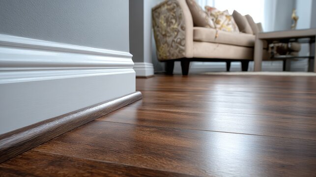 Close-up of shiny dark wood laminate flooring with white baseboard and quarter round in a modern living room