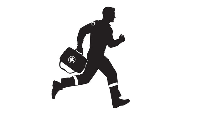 A silhouette of a paramedic running with a medical kit showcasing urgent response and healthcare support
