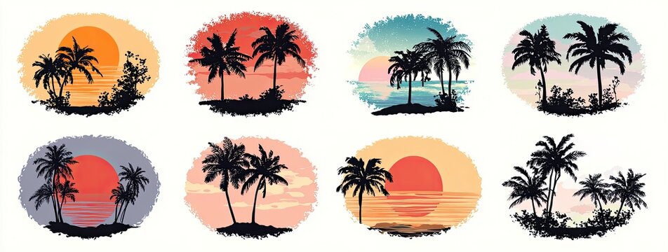 Eight oval silhouettes depicting sunsets over tropical islands, featuring palm trees and varying sunset hues